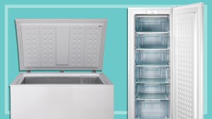 a chest freezer and an upright freezer on a teal background