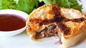 meat pie and tomato sauce