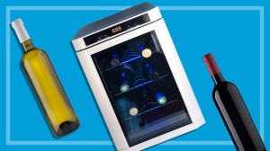 a bottle of red and white wine next to a wine fridge