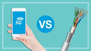 A phone with a 5G logo versus an NBN fibre on a teal background