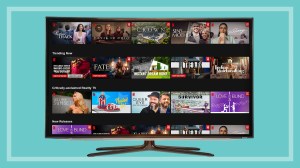television on a teal background showing popular Netflix shows