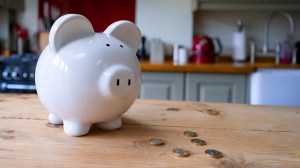 kitchen with piggy bank and coins