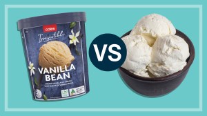 store bought icecream vs homemade icecream bowl on teal