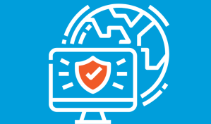 A computer screen displaying a shield and tick mark, in front of a globe