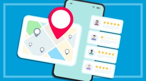 illustration of a smartphone with map and reviews one fake