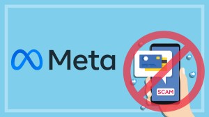 meta logo and illustration of scam on smartphone