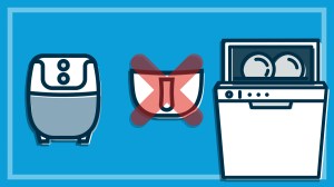 illustration of dishwasher and air fryer with basket and cross over it