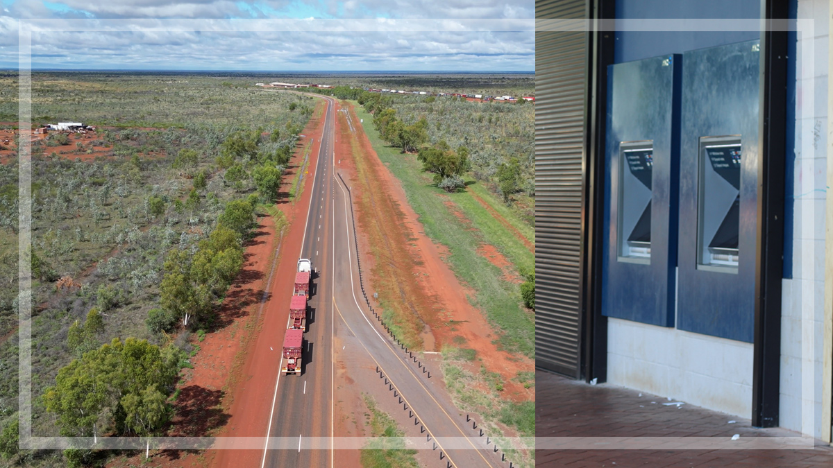 composite shot of road train on the stuart highway and anz atms