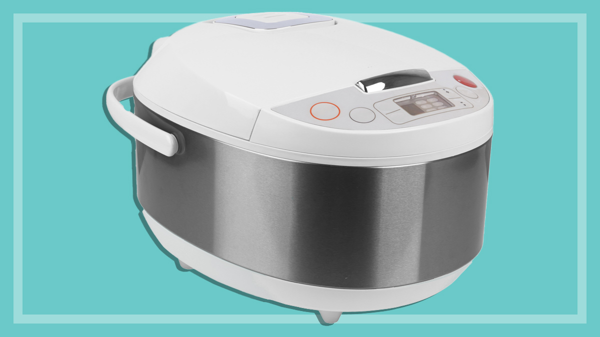 modern rice cooker on a teal background