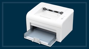 Cheap laser printer on a navy background