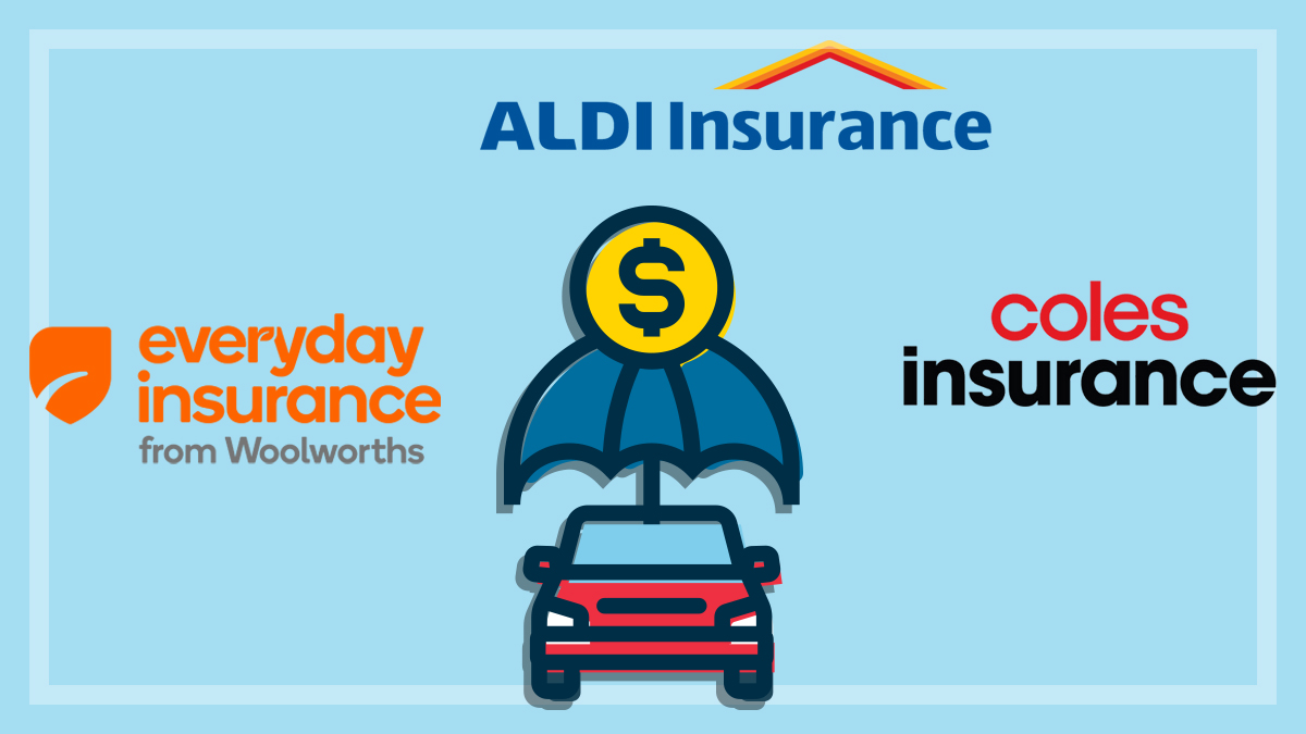 illustration of car protected by umbrella and coles aldi woolies insurance logos