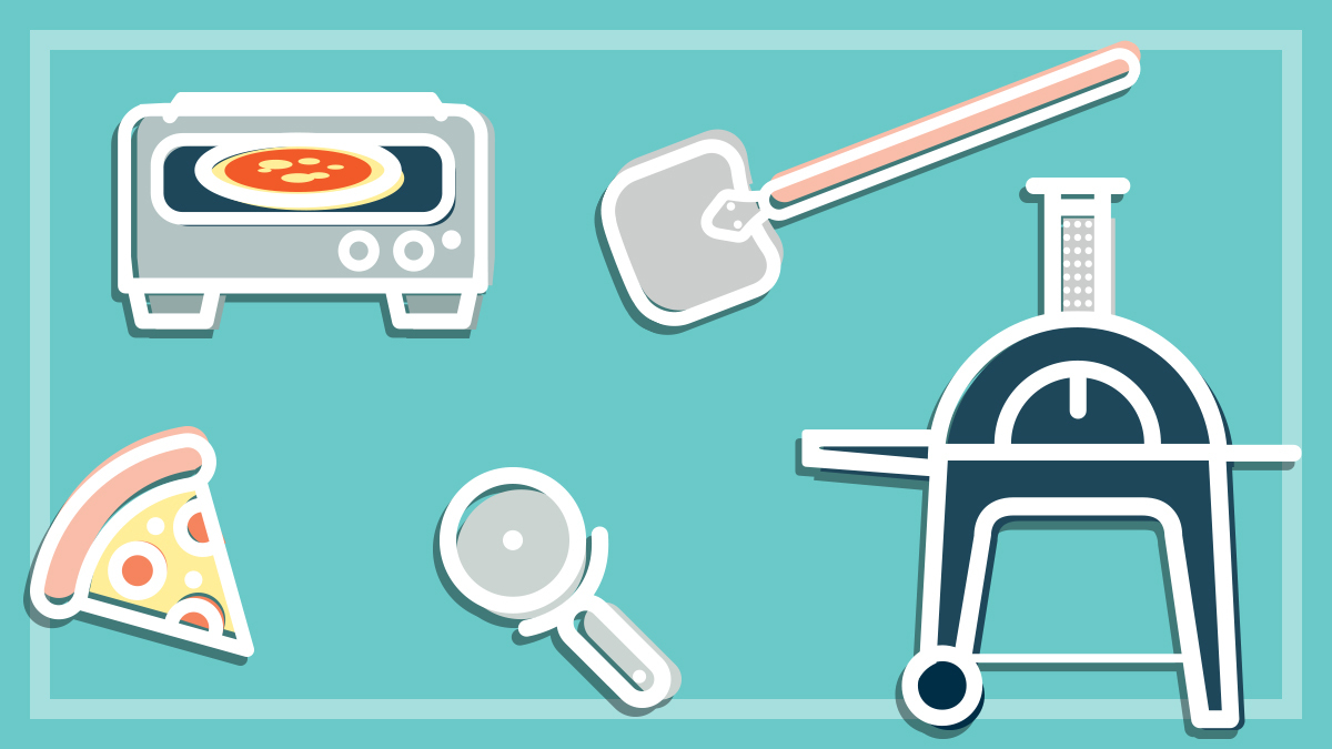 illustrations of pizza and pizza ovens on a teal background